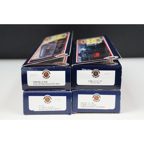 136 - Four boxed Bachmann OO gauge locomotives to include 31-078 Class 46 Peak Diesel D181 Blue, 31-553 V2... 