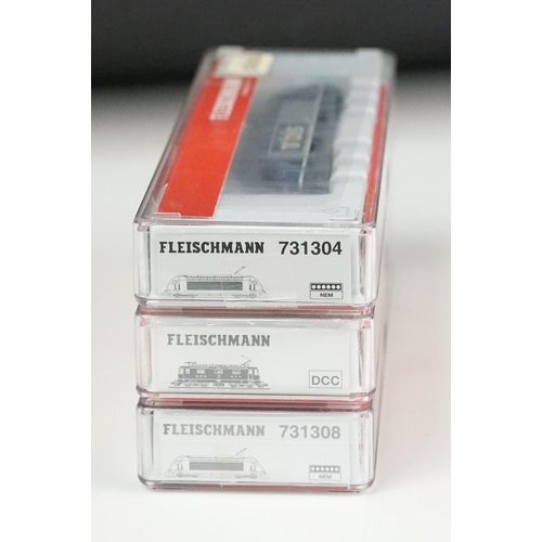 45 - Three cased Fleischmann N gauge locomotives to include 731308, 731304 & SBB CFF FFS Cargo