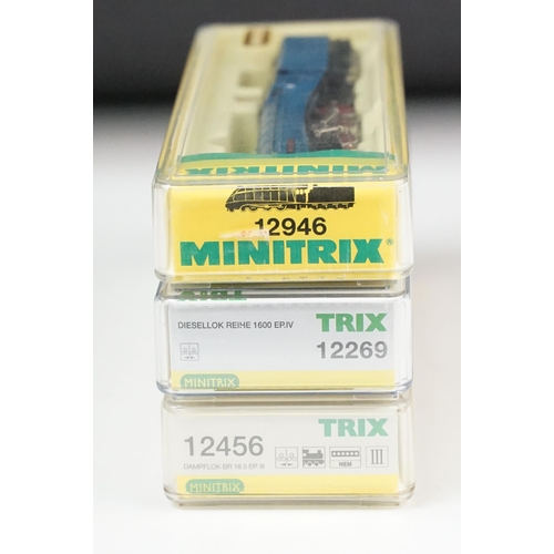 51 - Three cased Trix Minitrix N gauge locomotives to include 12456 Dampflock BR 18.5 EP III, 12269 Diese... 