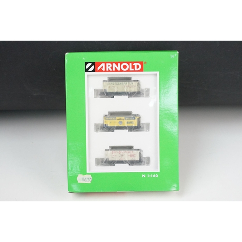 53 - Three boxed Arnold N gauge rolling stock sets to include 0440, 0152 Circus Wagen and HN6019 Bierwage... 