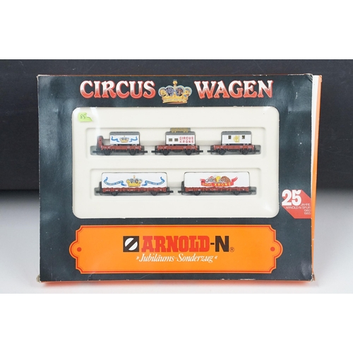 53 - Three boxed Arnold N gauge rolling stock sets to include 0440, 0152 Circus Wagen and HN6019 Bierwage... 