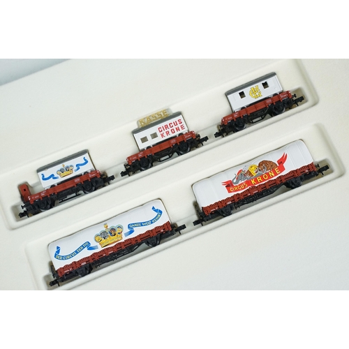 53 - Three boxed Arnold N gauge rolling stock sets to include 0440, 0152 Circus Wagen and HN6019 Bierwage... 