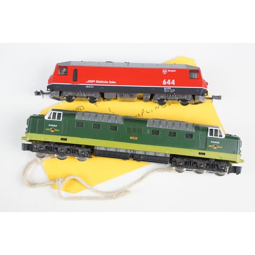 63 - Nine N gauge locomotives featuring Fleischmann 4-6-0 DB black with tender, Kato 644 RB, Arnold 2-10-... 