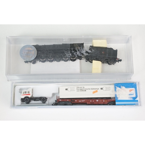 63 - Nine N gauge locomotives featuring Fleischmann 4-6-0 DB black with tender, Kato 644 RB, Arnold 2-10-... 