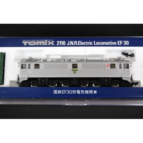 133 - Four cased N gauge locomotives to include Tomix 2110 EF3017, Fleischmann DB (replacement box) Rivaro... 