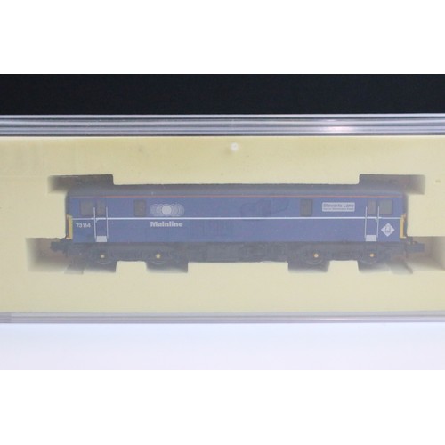 131 - Four boxed N gauge locomotives to include 2 x Dapol (ND-021a CL73 Mainline 73114 Stewarts Lane & ND0... 