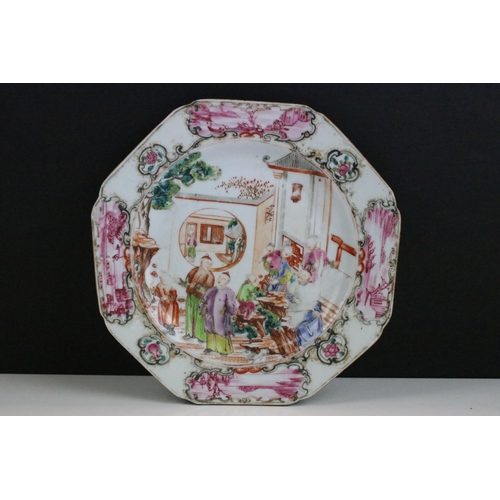 4 - 18th Century Qianlong octagonal dish being hand painted with figures in a garden (unsigned) together... 