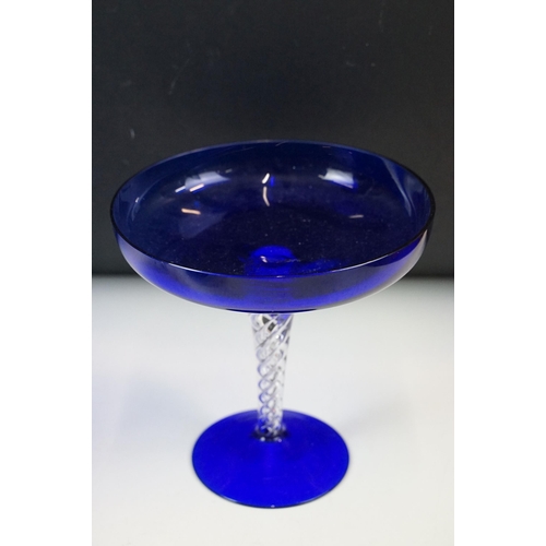 42 - Selection of 20th century cobalt blue glass pieces to include fish vase, air twist stem bon bon dish... 