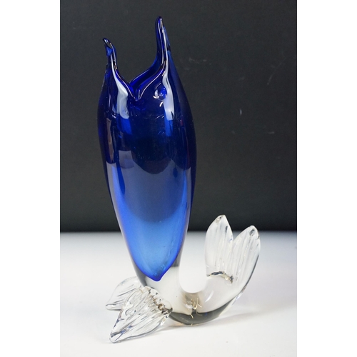 42 - Selection of 20th century cobalt blue glass pieces to include fish vase, air twist stem bon bon dish... 