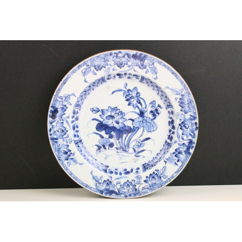 5 - 18th century Chinese blue and white dishes to include a floral gilt edged plate with markings to bac... 