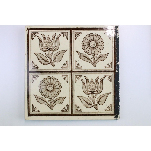 55 - Set of ten 20th century Art Nouveau brown and cream floral pattern tiles, 6 x 6 inch