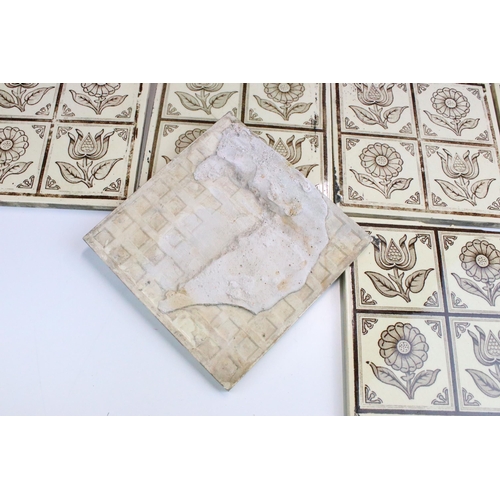 55 - Set of ten 20th century Art Nouveau brown and cream floral pattern tiles, 6 x 6 inch