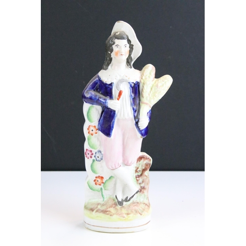 58 - Group of six 19th century Staffordshire figurines to include flower seller, man with mandolin, man w... 