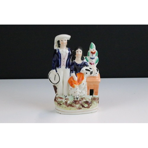 58 - Group of six 19th century Staffordshire figurines to include flower seller, man with mandolin, man w... 