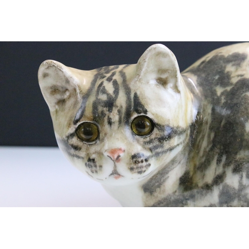 9 - Winstanley pottery seated tabby cat with glass eyes, Size 5, approx. W 28cm