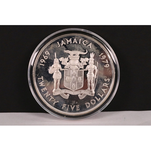 131 - A Jamaica 10th anniversary of investiture of Prince Charles 1969-1979 $25 dollar silver proof coin, ... 