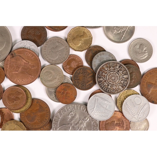 145 - A small collection of British pre decimal and world coins to include commemorative and pre 1947 silv... 