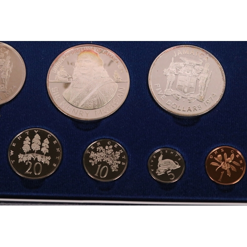 163 - A Franklin Mint 1974 Jamaica 8 coin proof set, all mounted within fitted display case and complete w... 