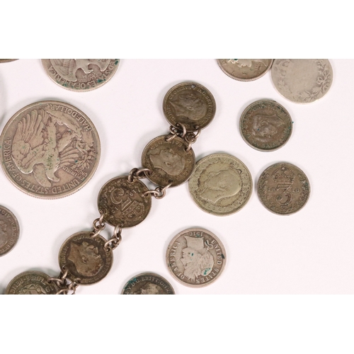 176 - A small collection of British pre decimal silver coins to include Queen Victoria half crown together... 