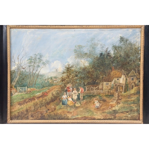 556 - Antique oil on canvas, rural scene with family group, windmill in the distance, Dacre Galleries labe... 