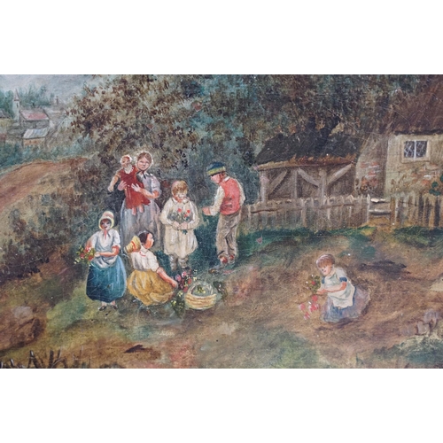 556 - Antique oil on canvas, rural scene with family group, windmill in the distance, Dacre Galleries labe... 