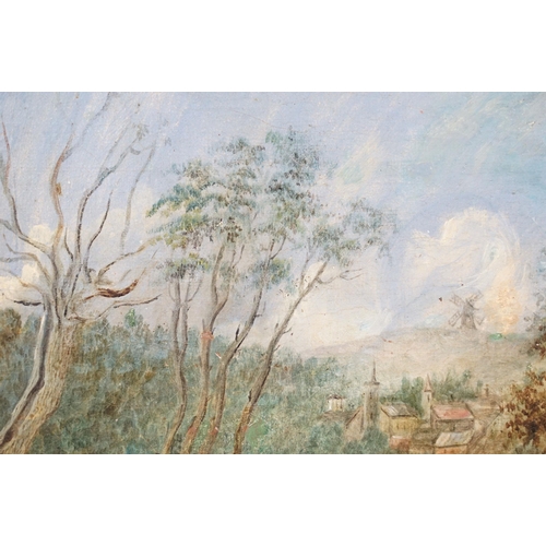 556 - Antique oil on canvas, rural scene with family group, windmill in the distance, Dacre Galleries labe... 