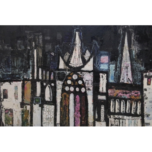 594 - 20th century British school, Church of the Damned, acrylic on board, likely exhibition label to fram... 