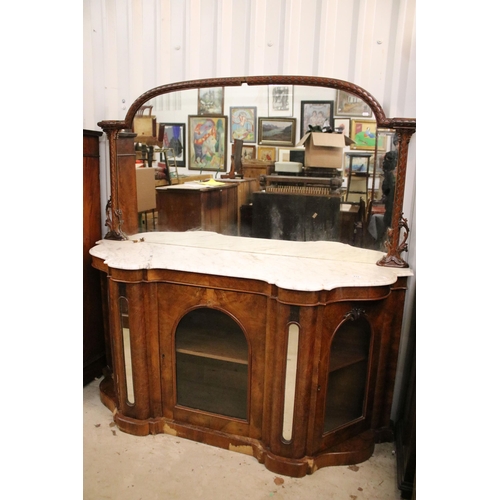 717 - Large walnut and marble chiffonier credenza sideboard with large carved mirror, glass fronted cupboa... 