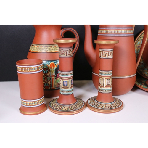 116 - Selection of terracotta Prattware to include tea pot, coffee pot, lidded jar, candle sticks, two sma... 