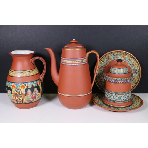 116 - Selection of terracotta Prattware to include tea pot, coffee pot, lidded jar, candle sticks, two sma... 