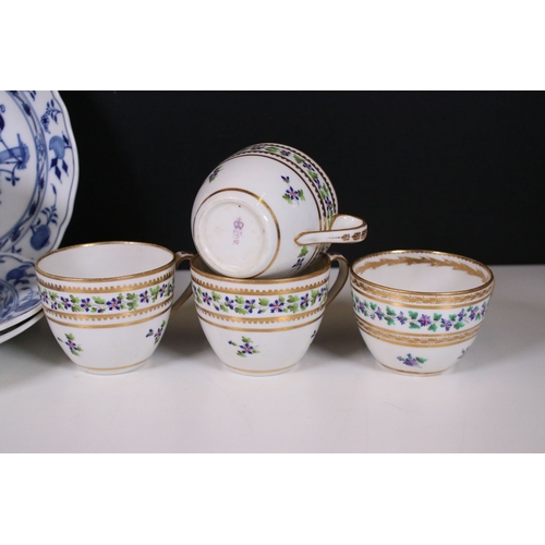 121 - Antique Derby porcelain floral border and gilt cups together with a tea pot dated 1864 to base, four... 