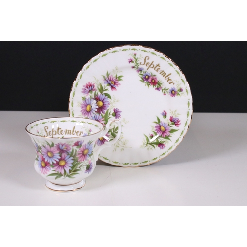 126 - Royal Albert 'Flower of the Month' series trio tea cups, saucers and plates sets, to include all mon... 