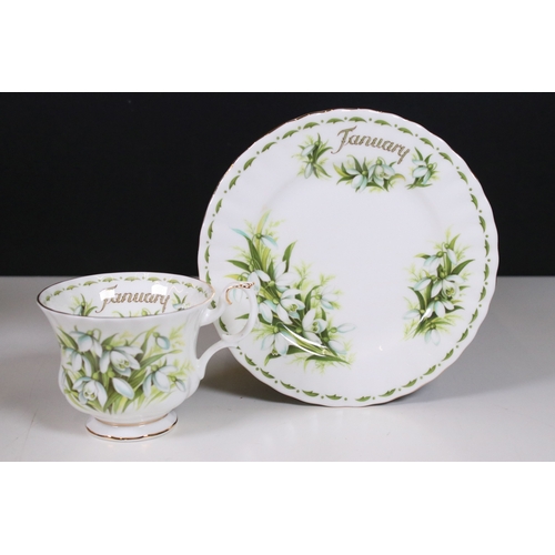 126 - Royal Albert 'Flower of the Month' series trio tea cups, saucers and plates sets, to include all mon... 