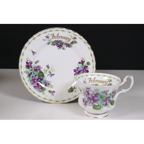 126 - Royal Albert 'Flower of the Month' series trio tea cups, saucers and plates sets, to include all mon... 