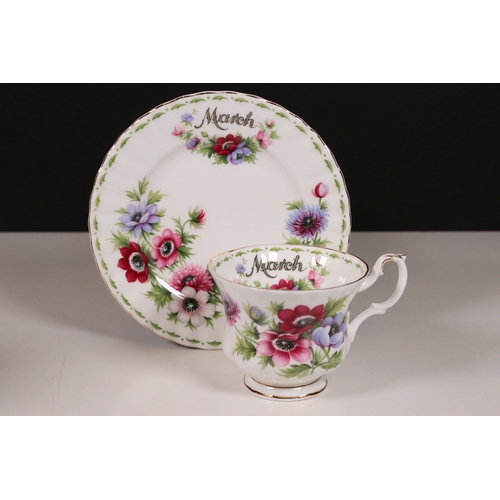 126 - Royal Albert 'Flower of the Month' series trio tea cups, saucers and plates sets, to include all mon... 