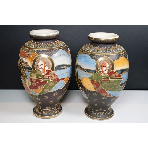 142 - Pair of Japanese hand painted baluster vases with ornate gold finish, H 33cm, character marked to ba... 