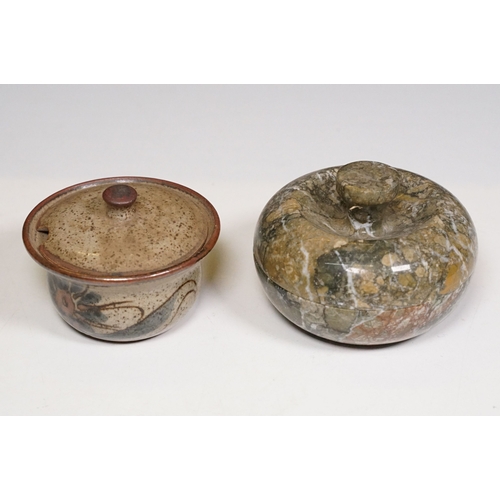 147 - Assorted studio pottery pieces to include two Wilsker cups together with wine goblets, cups and sauc... 