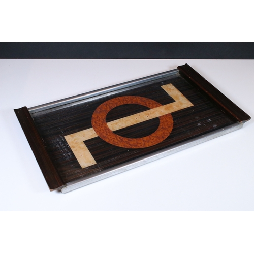 152 - Art Deco serving wooden serving tray with chrome sides having a simulated rosewood and geometric pat... 