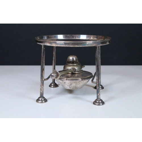 155 - In the manner of Christopher Dresser, late 19th / early 20th century silver plate spirit kettle on s... 