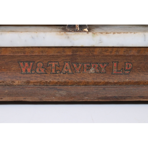 158 - W & T Avery Ltd brass and marble butcher's weighing scales on wooden base, makers mark to front