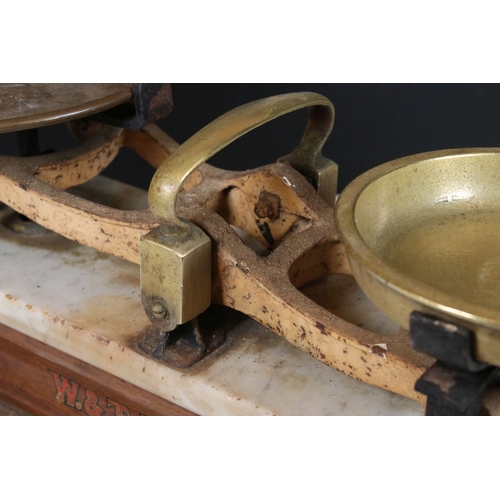 158 - W & T Avery Ltd brass and marble butcher's weighing scales on wooden base, makers mark to front