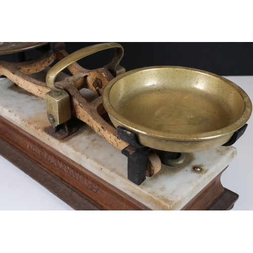 158 - W & T Avery Ltd brass and marble butcher's weighing scales on wooden base, makers mark to front