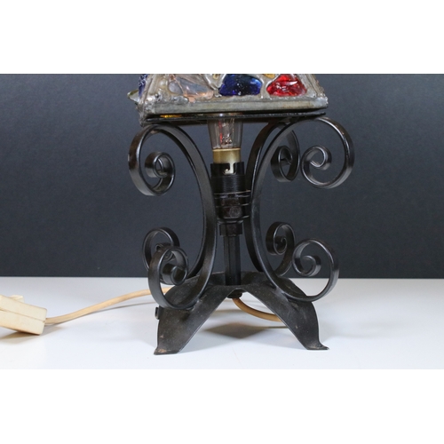 160 - Wrought iron table lamp base with irregular glass pieces shade, H 33cm