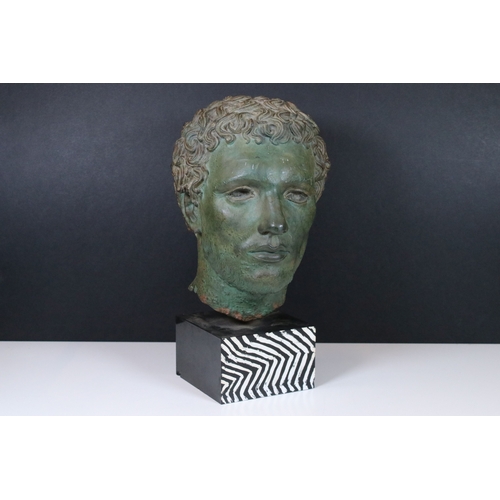 166 - Roman style head sculpture of a male on stand, resin, marked BM Replica to back H 35cm