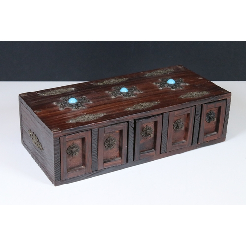 168 - Persian hardwood five drawer spice cabinet, the top set with three turquoise style cabochons, 32cm w... 