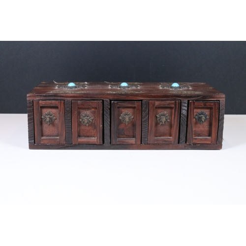 168 - Persian hardwood five drawer spice cabinet, the top set with three turquoise style cabochons, 32cm w... 