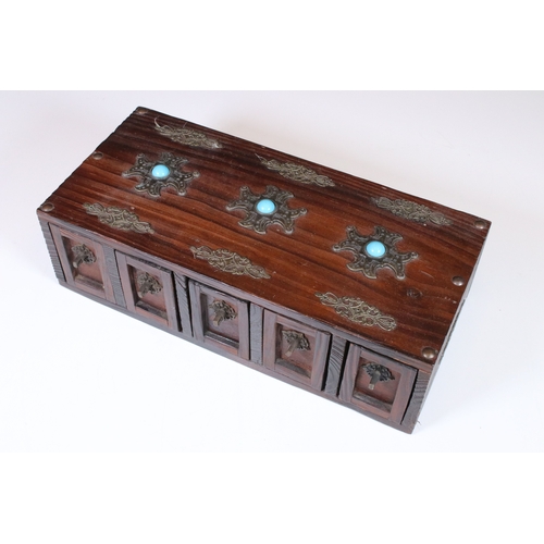 168 - Persian hardwood five drawer spice cabinet, the top set with three turquoise style cabochons, 32cm w... 