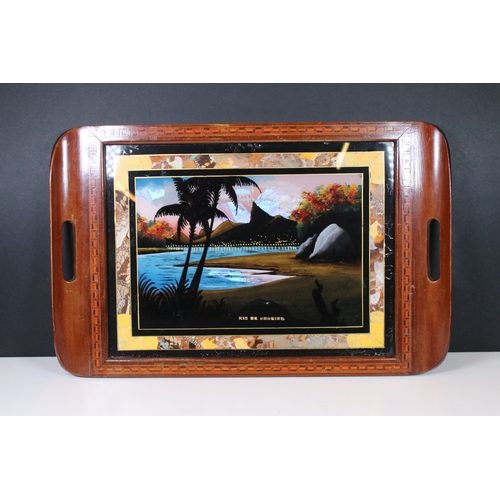 175 - Two Art Deco Rio De Janeiro butterfly wing trays, one with chrome metal finish and another marquetry... 