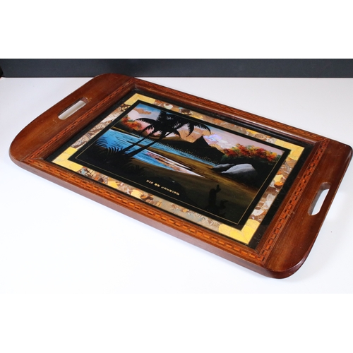 175 - Two Art Deco Rio De Janeiro butterfly wing trays, one with chrome metal finish and another marquetry... 