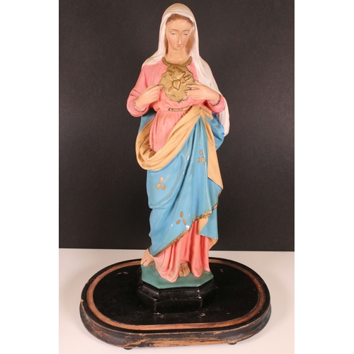 184 - Virgin Mary Madonna Statue H 50cm, cased within a Victorian glass display dome approx. H 56cm